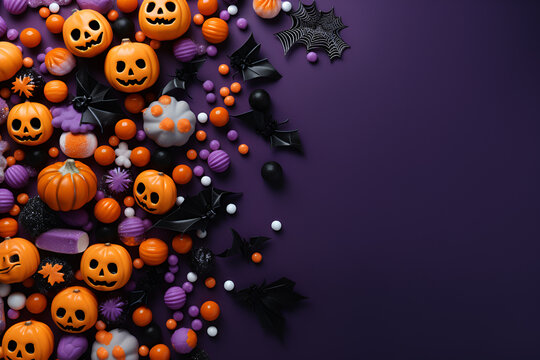 Top view photo of halloween decorations with pumpkins and candies on violet background. Generative Ai