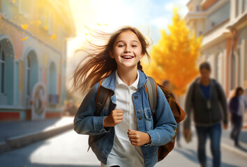 Fototapeta premium Back to school. Smiling pupil with backpack on schoolyard ready for learn