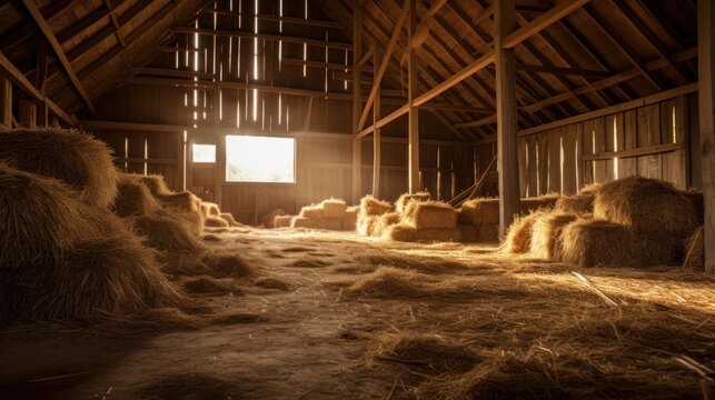 Hayloft interior with hay-bales and sun rays.