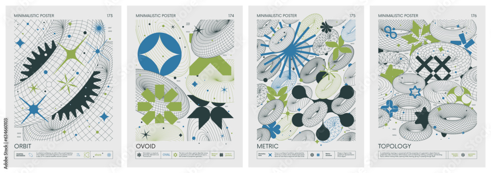 Leinwandbilder futuristic retro vector color minimalistic posters in pastel colors with 3d strange wireframes form 