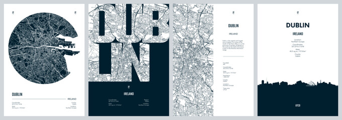 Naklejka premium Set of travel posters with Dublin, detailed urban street plan city map, Silhouette city skyline, vector artwork
