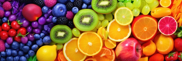 Variety of fresh fruits, top view, bright rainbow colors.