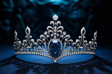An exquisitely designed diamond tiara stands out prominently against a deep blue velvet, symbolizing regal elegance and majestic allure