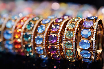 Fototapeta na wymiar A mesmerizing collection of bracelets, bedecked with myriad gems, reflects a captivating spectrum of colors and opulent charm
