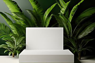 Minimalist Showcase Empty Product Stand Adorned with Tropical Plants for a Fresh Display. created with Generative AI