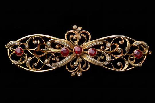 A masterfully crafted brooch, where entwined gold and ruby motifs tell a tale of luxury, artistry, and timeless sophistication