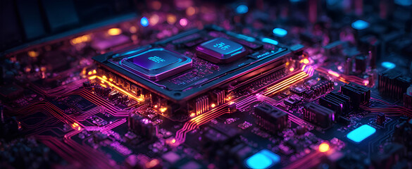 Obraz premium Neon illuminated printed circuit board with processor, technology concept.