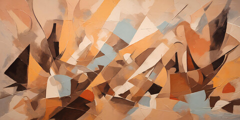 Abstract painting with geometric figures in the Cubist style, in velvet ochre shades.