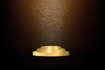 Gold stage on dark brown background with lighting effect and glitter Luxurious design style. Vector illustration.