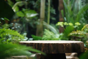 Wood Tabletop Counter Podium Amidst Lush Tropical Garden Forest, Enhancing Product Placement and Display in a Serene Natural Setting. created with Generative AI