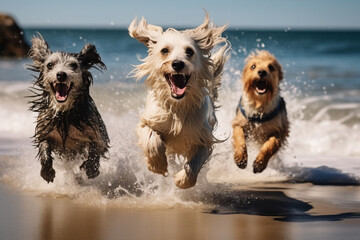 A group of friends at the beach, their dogs running freely in the waves, celebrating life together, friendship with animals Generative AI