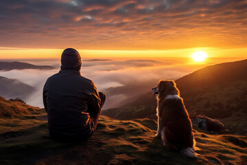 A person and their dog peacefully watching the sunrise from a mountaintop, embracing the beauty of a shared moment, friendship with animals Generative AI - obrazy, fototapety, plakaty