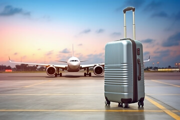Suitcase with reddish sunset and airplane background for international or domestic travel is ideal...