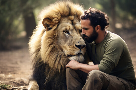 A zookeeper sharing a moment of connection with a majestic lion, displaying a deep mutual respect, friendship with animals Generative AI