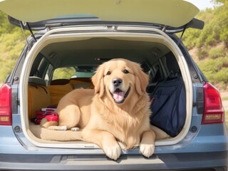 Golden retriever dog sitting in car trunk ready for a vacation trip. Generative AI