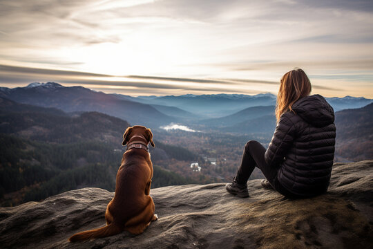 A person and their dog gazing out from a mountain peak, celebrating the beauty of shared adventures, friendship with animals Generative AI