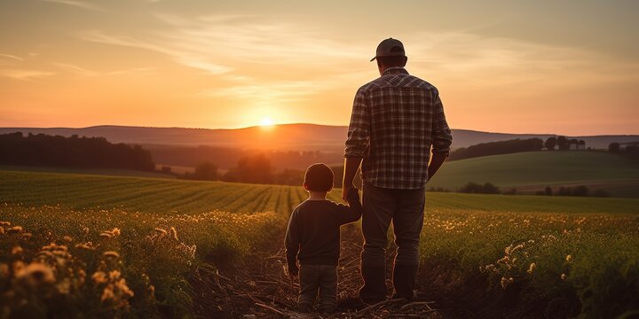 Man and boy in the countryside. Fatherhood, country life, farming and the country way of life.