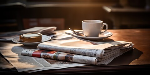 A stack of newspapers and a cup of coffee on the table - obrazy, fototapety, plakaty