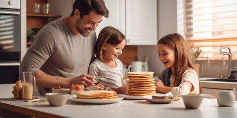 Husband treats his family with delicious pancakes in the morning, daily life. - obrazy, fototapety, plakaty