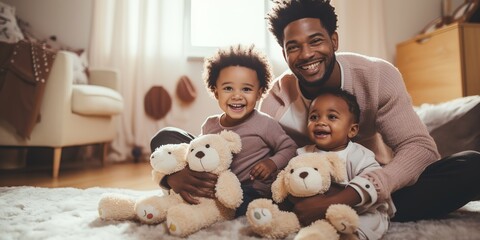 A happy father sits on the floor in the living room at home and plays with his cute twins. - Powered by Adobe