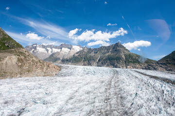 Glacier in Swiss Alps in summer showing how much the glacier has receded over recent years