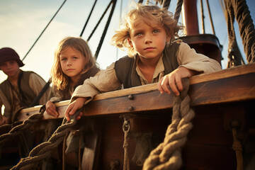 Children aboard a wooden 