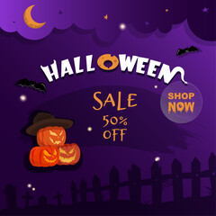 Halloween 50 % discount offer. Bright purple and orange illustration. A few Jack O’Lanterns on the background of a graveyard with bats flying nearby and the inscription HALLOWEEN