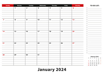 January 2024 Monthly Desk Pad Calendar week starts from sunday, size A3. © boldg