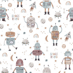 Watercolor baby pattern with robots on white background.
