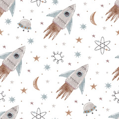 Watercolor illustration with rockets and stars on white background. Illustration for kids.