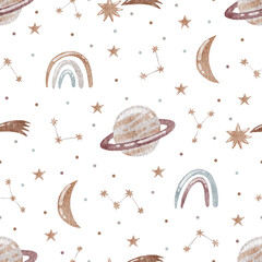 Watercolor pattern with planets, rainbows and stars.