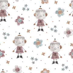Watercolor pattern with robot girl with flowers on white background.