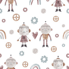Watercolor pattern with robots in love on white background.