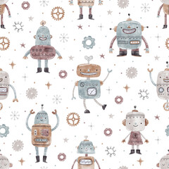 Watercolor cute pattern with funny robots.