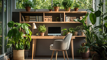 Fototapeta na wymiar a computer monitor in a study full of green plants.
