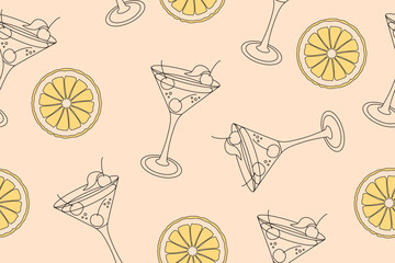 Seamless pattern with cocktail glasses and lemon slices isolated on light background.