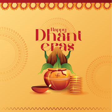 illustration of Gold coin in pot for Dhantera celebration on Happy Diwali light festival of India background