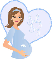 Young pretty pregnant woman with a blue heart Baby Boy background illustration
