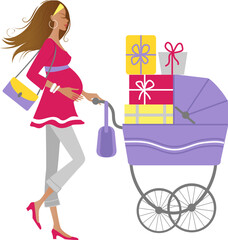 Modern elegant dark skin pregnant woman with a pram full of gifts illustration