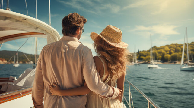 a young pretty woman with long blond hair in a white dress and her husband on a sailing yacht at sea. back view.