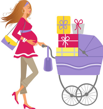 Modern elegant pregnant woman with a pram full of gifts illustration