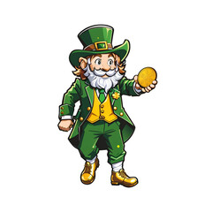 Fototapeta premium A leprechaun with a coin, a sticker with a white outline.