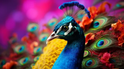 Rolgordijnen Photo of a majestic blue peacock displaying its magnificent feathers created with Generative AI technology © AI Visual Vault