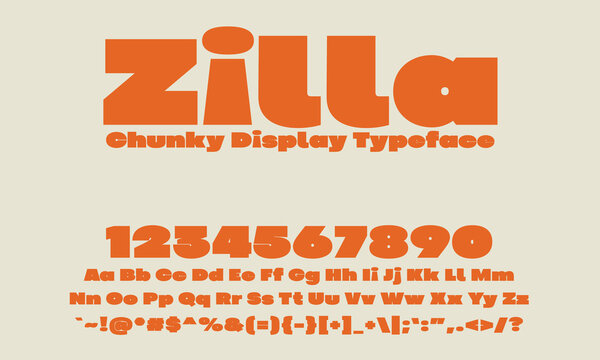 Zilla is a chunky display typeface. This beautiful thick, quirky, and bold font is ideal for headlines, covers, social media, thumbnails, books, stationary, packaging, branding, and more.