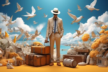 Solo traveller concept. Tourism and touristic place. Elegant man in touristic outfit