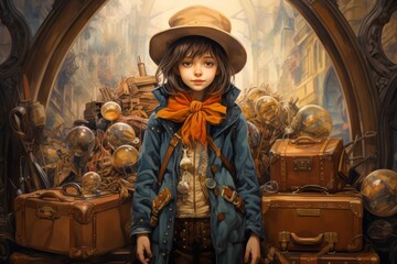 Child in adventure style. Solo traveller, traveling and expedition concept.