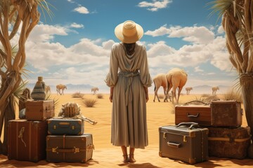 Beautiful woman as tourist. Solo traveller, traveling concept. Travel bag