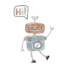 The character of a robot in a happy mood and text Hi. Watercolor illustration.