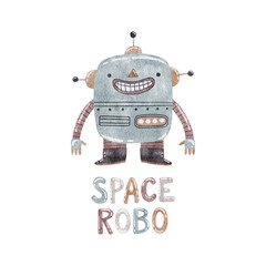 Watercolor illustration with funny robot and text Space Robo.