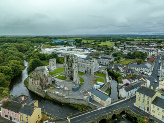 Aerial view of the Desmond castle in Askeaton Ireland in County Limerick on the river Deel, with...